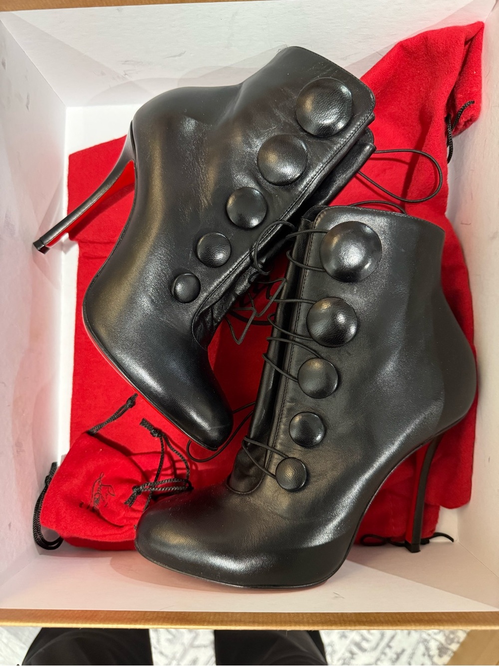 Christian Louboutin Black Leather Button-Front Stiletto Booties